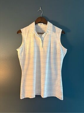 Nike White Sleeveless Polo Tank with Thin Navy Stripes